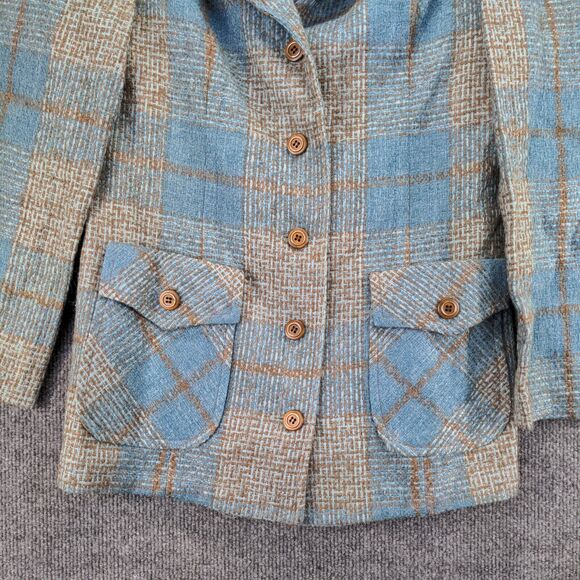 Four Corners Button Blazer Wool Coat Actual 32x26.5 Blue Gray Plaid Front Pocket - Picture 4 of 11